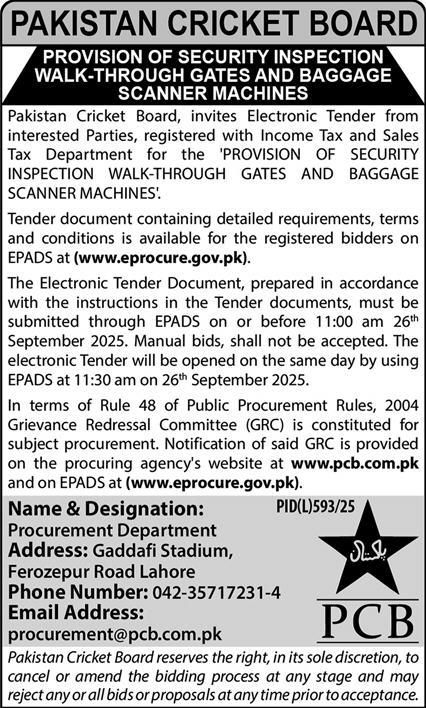 Pakistan Cricket Board Lahore Tender Notice